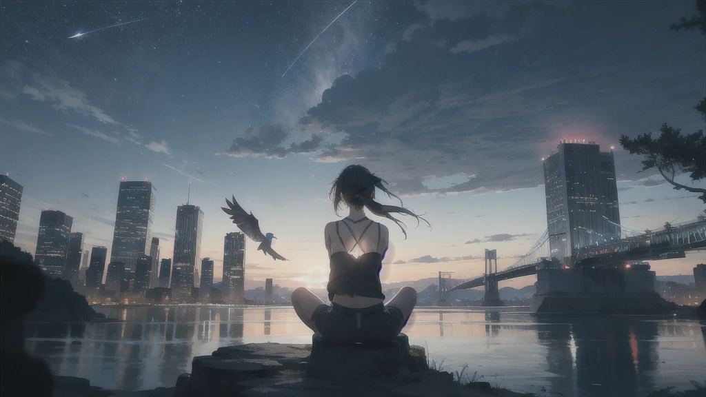真っ暗なnight空,Octane, star (null), scenery, Blue parakeet,The acoustic guitar is in front of the body.,star, night, One Girl, Back view, alone, Outdoor, city,river,Blue parakeet,building, cloud, 天のriver, Sitting with knees held at chest height,silhouette