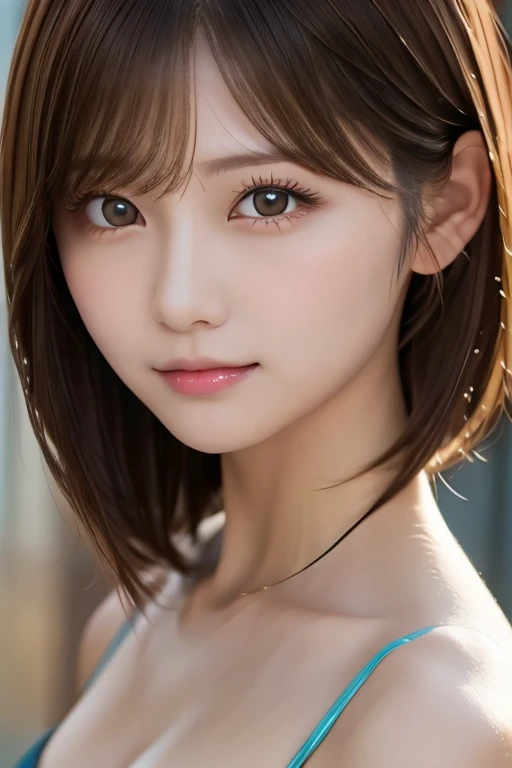 Beautiful woman、Japanese、Gal、Brown Hair、Micro Bikini、bangs、looking at the camera、Close-up、Semi-short hair、Shoot from above