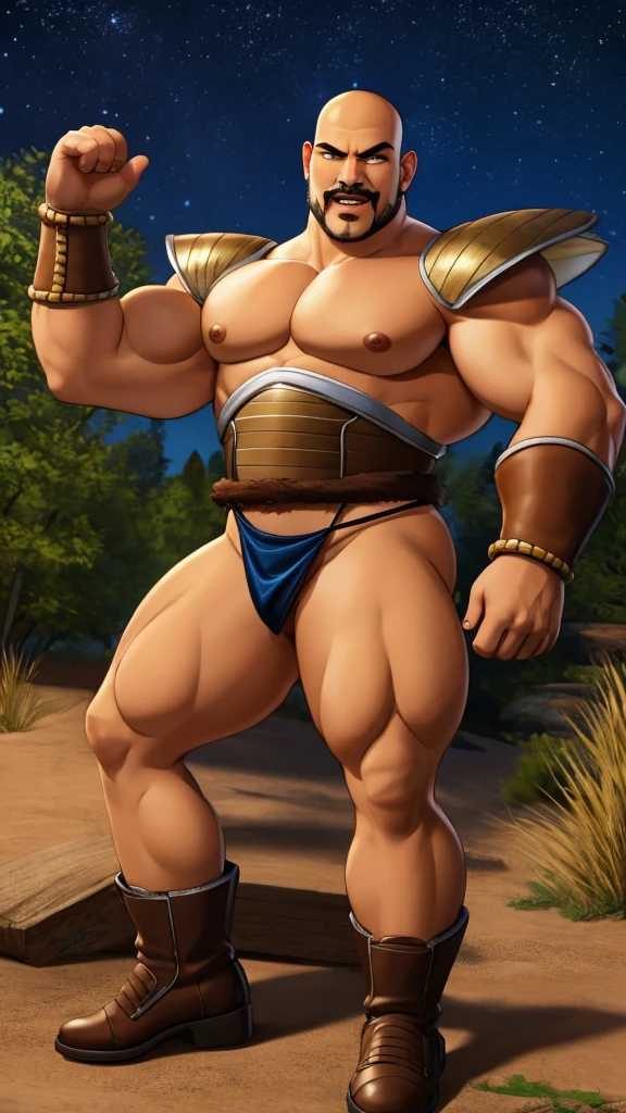 nappa, male focus, solo,cowboy shot, 1boy, bald, nipples, muscular male, abs,black vambraces, veins, pectorals, thighs, black eyes, topless male, mustache , tail around waist, (best quality, masterpiece) , , outdoors, micro armor , shoulder armor, breastplate, upper body, closed mouth, pauldrons, night, night sky, boots , shirtless , (micro thong) , full body , laying , legs up , massive ass