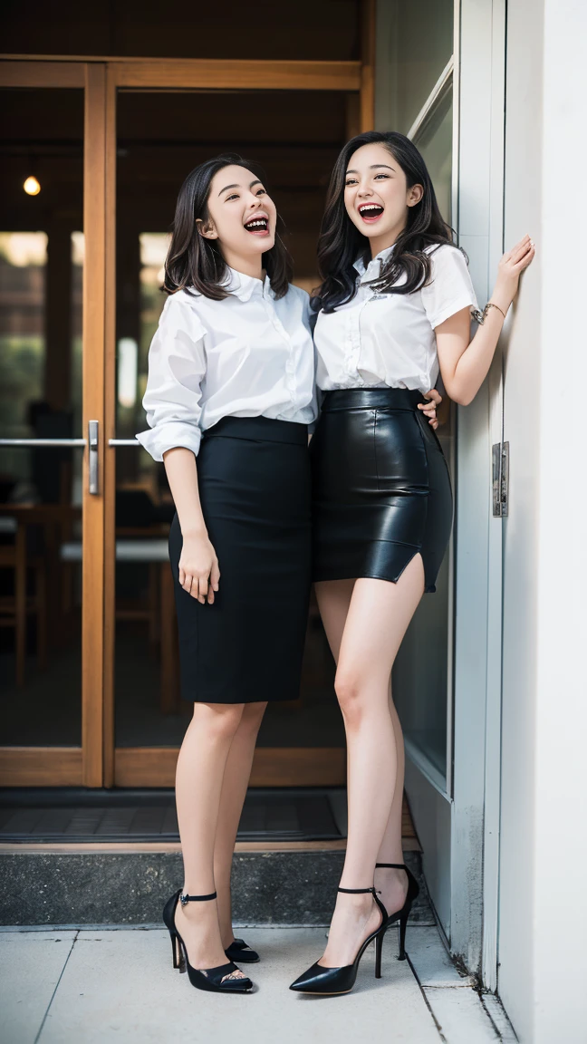 (Highest quality, masterpiece, Photo Real, Super detailed, Ultra-high resolution, born:1.3), (Two girls laughing at the camera), beautiful, Japanese, 20-year-old, (Pencil Skirt), (Looking at the camera and laughing with his mouth wide open), high waist, office, (Long legs, High heels, whole body:1.2),(View from below:1.2)