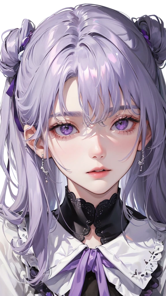 (Top resolution、Distinct_image)top-quality、femele、​masterpiece、highly detailed、Semi-realistic、ash grey hair ,  purple  eyes、18year old、young、smart Casual clothing、Exquisite facial features、Facial features、unique hairstyle, variations, potrait, white background 
