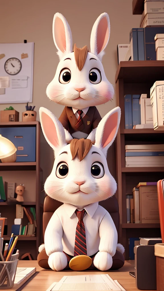 A rabbit wearing office clothes is sitting in an office