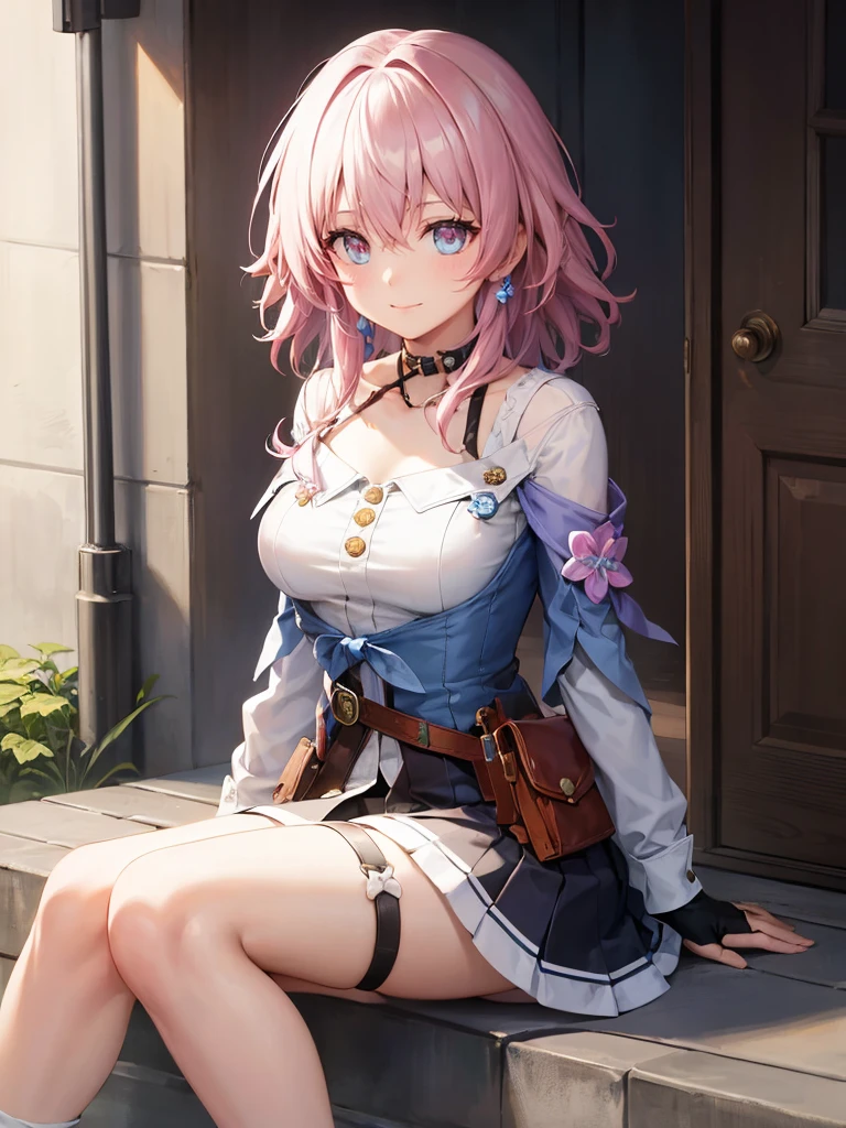 (Realistic painting style:0.9), (masterpiece), best quality, (detailed eyes), Perfect face, 1 girl, Solitary, March 7, blue eyes, Hair between the eyes, Medium Length Hair, pink eyes, Pink Hair, Two-Tone eyes, ankle boots, Archery Shooting Gloves, badge, Bare legs, black Necklace, black corset, Black footwear, black Gloves, blue Jacket, blue skirt, boots, button badge, Buttons, Necklace, clavicle, corset, earrings, Floral ornaments, Gloves, high heel boots, High heel, Jacket, Jewelry, Long sleeve, Miniskirt, partially fingerless Gloves, pleated skirt, shirt, single earrings, Single Gloves, skirt, Thigh straps, tied Jacket, Lower Bust, white shirt, Smile, City, background, futuristic City, sit on the floor, Knees up, Upper Body, portrait, Looking at the audience