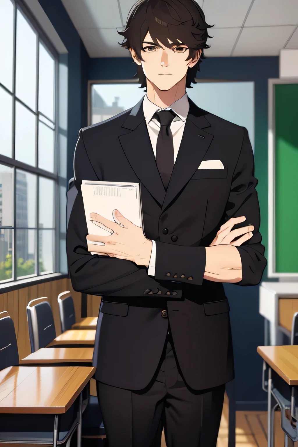 A handsome highschool boy with unkempt dark hair staring at viewer in a classroom