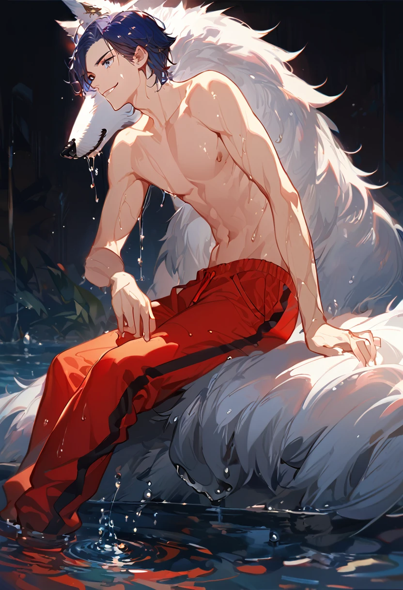 solo, ((male with short dark blue hair with red strip hair and dark blue hair with red gradient), (bare chest), (topless), (muscle), ( jogger pants), (wet), (dripping wet body and hair), (water dripping), (sitting), (one hand rest on the knee), (big white wolf resting on the back)), (bangs), (blue eyes with red gradient), (pale skin), (smirk), ((high quality)), (extremely detailed),8k, 4k, clean line art, detailed line art, resting on the big wolf, white big wolf, simple background, water background, dark background, not bulky, no top clothes, inspired by Asukaziye artist : ask, art style : ask