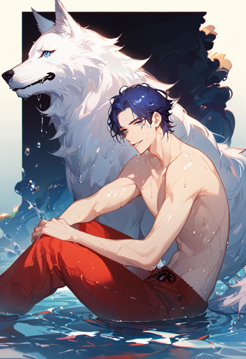 musclegut skunk man, black fur, white fur, indigo eyes, indigo nipples, mid 30s, relaxed, lazy, nude, indigo smoke, bathing in river