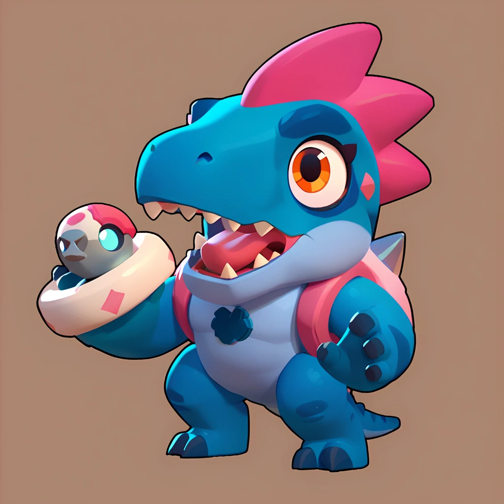 full view of a dinosaur, female, dark blue skin, friendly dinosaur, having pink and white buoy, dinosaur animal, brawl, brawl stars