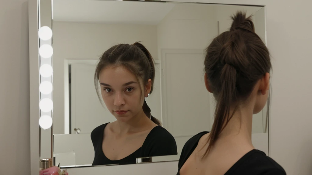 selfie in mirror, girl ponytail