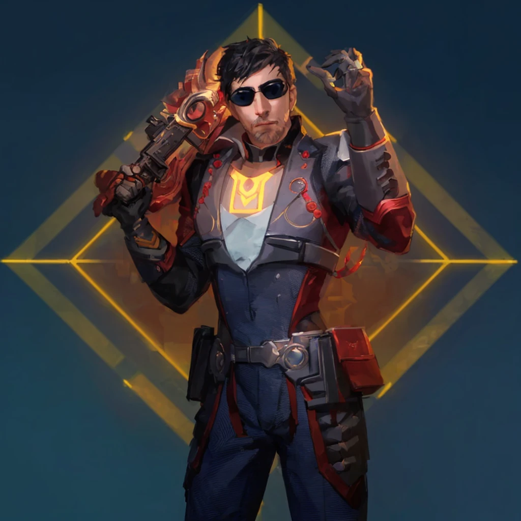 At the center of a vibrant piece of digital art, a male character stands confidently with his hands on his hips. He is adorned in an elegant gray and red suit equipped with a helmet and glasses and on his chest bears the letter M, suggesting that he might be prepared for an adventure or battle. His outfit is completed with a pair of sunglasses, adding to his cool demeanor. In his right hand he holds a gun, ready for action. The background contrasts strikingly with its blue and yellow geometric shapes, enhancing the overall futuristic theme of the image.