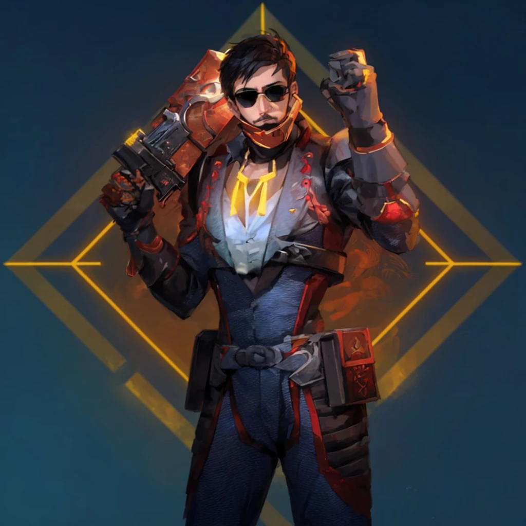 At the center of a vibrant piece of digital art, a male character stands confidently with his hands on his hips. He is adorned in an elegant gray and red suit equipped with a helmet and glasses and on his chest bears the letter M, suggesting that he might be prepared for an adventure or battle. His outfit is completed with a pair of sunglasses, adding to his cool demeanor. In his right hand he holds a gun, ready for action. The background contrasts strikingly with its blue and yellow geometric shapes, enhancing the overall futuristic theme of the image.