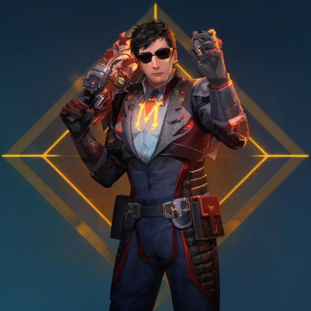 At the center of a vibrant piece of digital art, a male character stands confidently with his hands on his hips. He is adorned in an elegant gray and red suit equipped with a helmet and glasses and on his chest bears the letter M, suggesting that he might be prepared for an adventure or battle. His outfit is completed with a pair of sunglasses, adding to his cool demeanor. In his right hand he holds a gun, ready for action. The background contrasts strikingly with its blue and yellow geometric shapes, enhancing the overall futuristic theme of the image.
