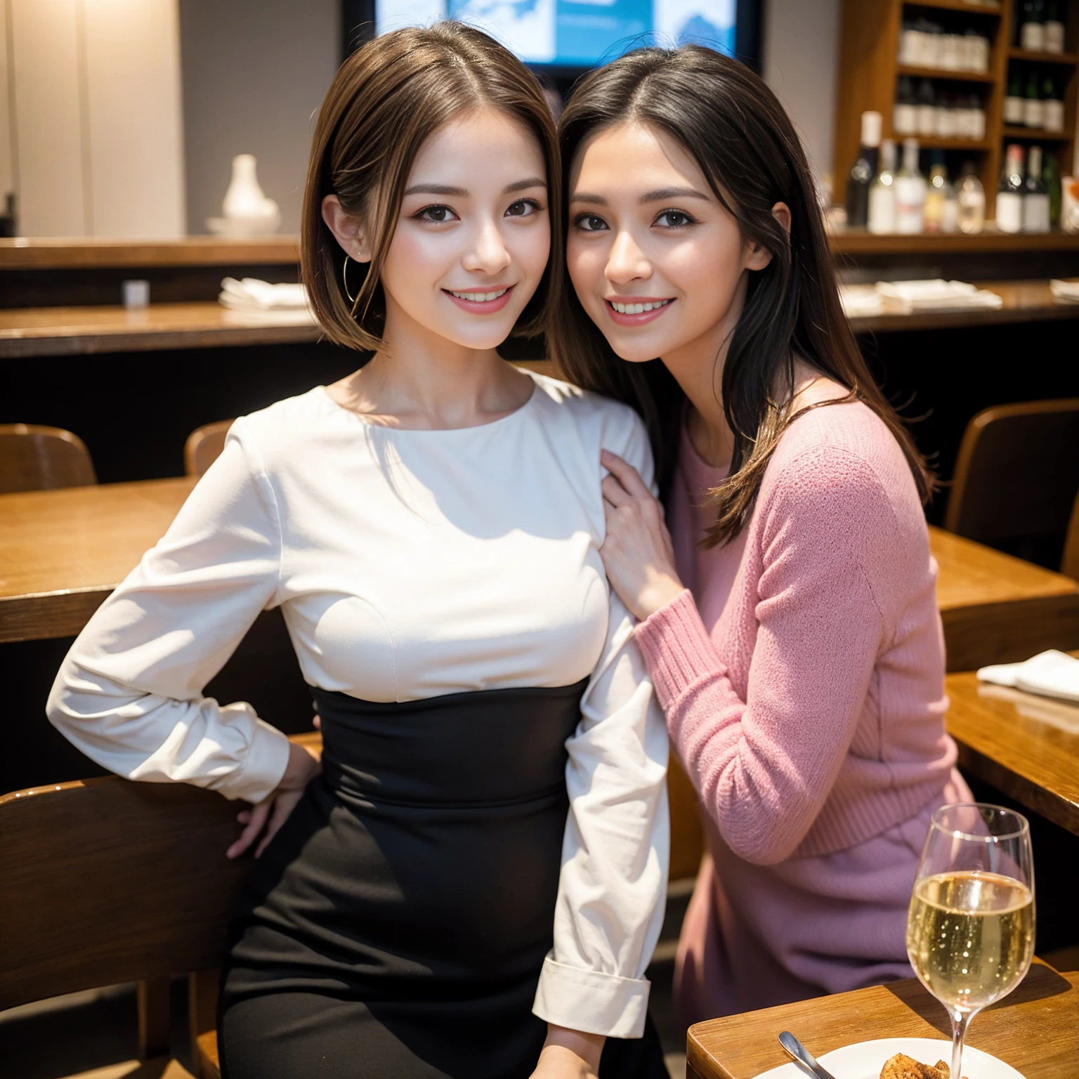 ((Highest quality、8K、masterpiece:1.3))、slimカップル、modelカップル、(Realistic, Intricate details:1.2), full-course dinner、Wine Party、Amazing view of the sunset sky and clouds、A bright smile、The wonderfulness of smile、Bright image、The beauty of wine, Beautiful Face, blue eyes, The light shines on your face, Blushing, short hair,Bright Face、 (Age 37), 39 years old, red wine 、Appetizers、Italian food、Wine bottle、Champagne、sparkling wine、Two beauties、Brown Hair、Shortcuts、Long sleeve shirt、dress、Beautiful woman 1, (slimな顔), (The body is slim), (Brown Hair), (Shortcuts), cheeks turn a little red,Attractive beauty、restaurant, In a prominent place (From the waist up) Nova Frog Style, actress, model, Upper Body, White wine, slim, wine glass, 中央に置かれたwine glass, smile, (smile: 1.15), Beautiful fine grain, Depth f/2,saturation, High Contrast, Strong light and shadow,Moist Body:1.5、3D texture、Delicate eyes、Brown Hair、The hair is very shiny、
