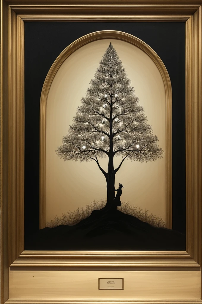Nordic tree-shaped solitaire,Flat style, abstract artistic,Graphic design,symmetry, Math, Renaissance, Oil painting, 2D canvas, highly detailed, complex, Classic paint, Black monochrome, crystals, opulent, lap, gothic ornament, Graphic design