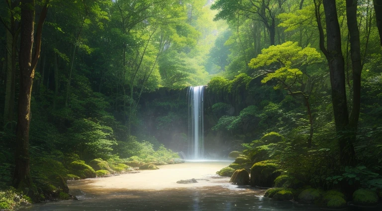 巨大で神秘的なwood々A magical forest lush with. wood々shines in many different colors, Emits a fascinating light、Give the place a magical feel. The branches and trunks overlap to form a narrow, intertwining passageway., Vanishing deep into the forest. There are fairies and strange creatures in the forest, Fairies, charming monsters, etc., 彼らはwood々Walking between、It adds a magical atmosphere to the place. A clear river flows through the forest, A small waterfall is formed、It creates a calm and refreshing atmosphere, ((in the morning)), 8K, High Quilt, Realistic, beautiful Realistic, Cool details, RAW Photos, photo Realistic, Super detailed, 3d Realistic