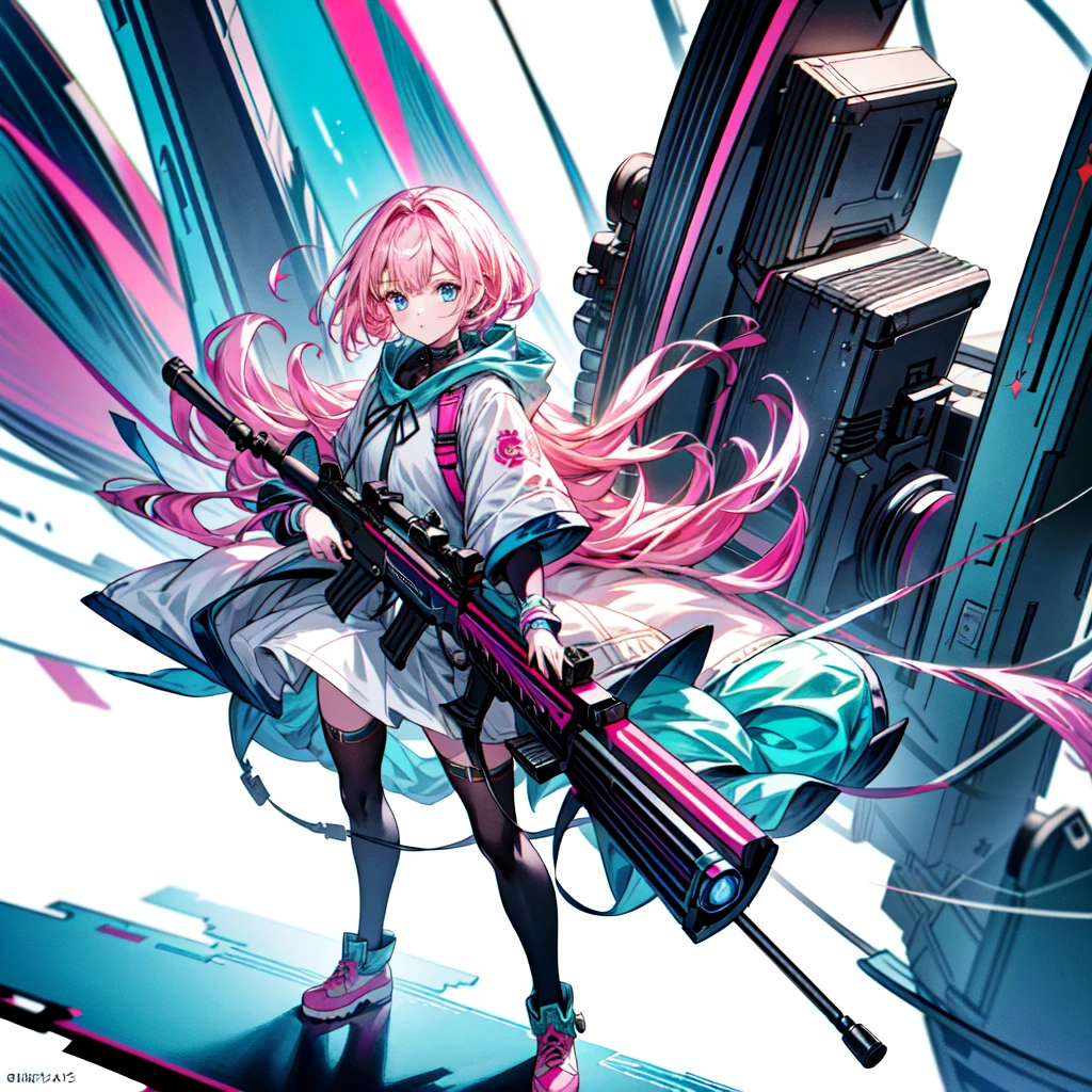 One Girl、[17277fbe68],He threatened Hideo..、high quality、Maximum details、(((最high quality、masterpiece、Official Art、Best Dynamic Composition)))、(Thin Hair)、(Tabletop, 最high quality), Very detailed, Anime Style, whole body, Cyberpunk Girl, Gripping a high-tech rifle, Milky white and pink hair, Sparkling Blue Eyes, Wearing a magical girl costume , 8K high resolution, Trend Art Station, White Background, Standing in the Wilderness, whole body,