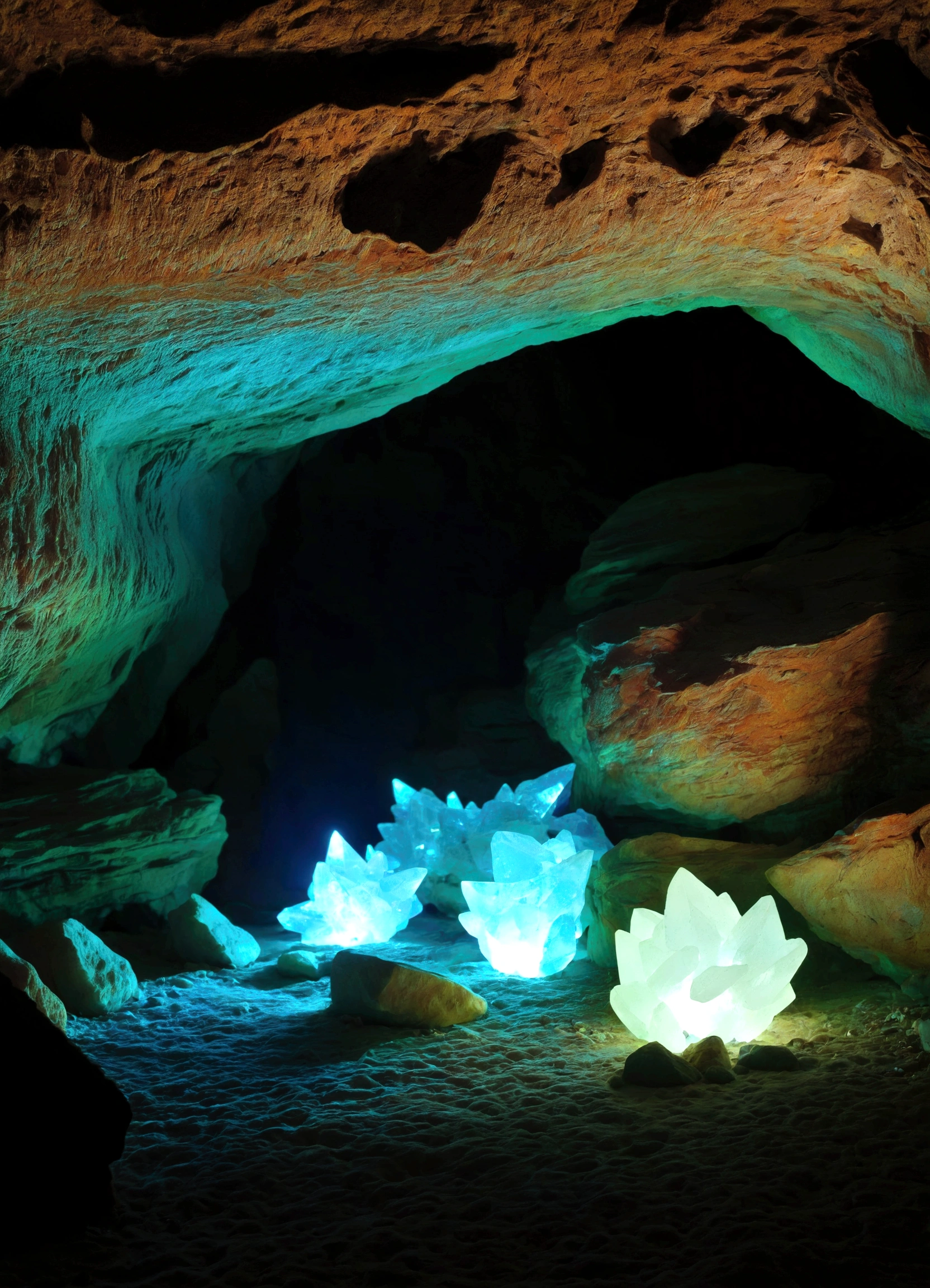  Inside a cave with glowing crystals on the walls. Very natural 