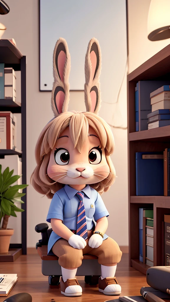 A rabbit in an office uniform is sitting alone in an office