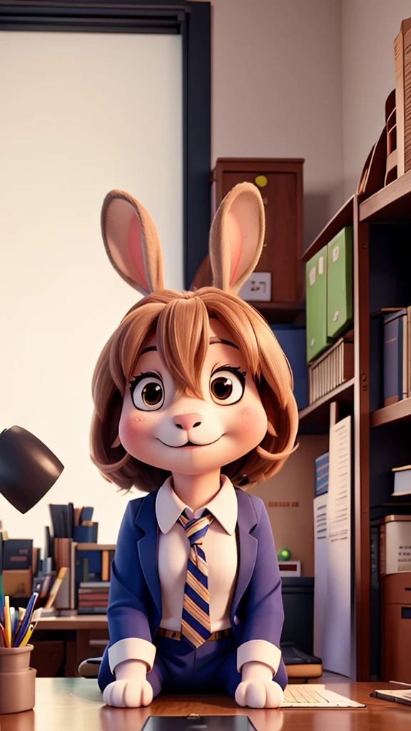 A rabbit in an office uniform is sitting alone in an office
