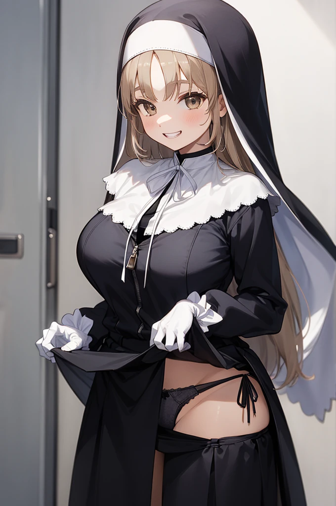 aasister, long hair, nun, habit, white capelet, neck ribbon, (black dress:1.2), long sleeves, white gloves, full-length zipper,big breasts,(((lift skirt,panties))),grin