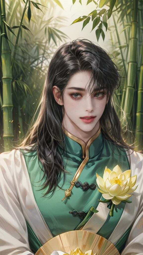 (((best quality))),masterpiece,ultra high resolution,extraordinarily beautiful youth, a bright, innocent smile,All green clothing,(absurdres, highres, ultra detailed, HDR), masterpiece, best quality, (1 boy) ,(((1 male,1 men,only one boy,perfect body, fair skin,y boy))),((boy 20 year old)) ,boy character ,((Thick black long hair)),beautiful face,detailed interior, detailed character,((man)),(in bamboo forest), black hair, smile,(white lotus),from anime The Scum Villain's Self Saving System,1man,the house of ancient China style, pure white lotus,beautiful and cute man ,(long black hair),black eyes,((solo man)),(he has a Big eyes, charming lips, slim nose and small face),(slim figures and no muscle),fragile body,Beautiful slender hands,Beautiful fingers