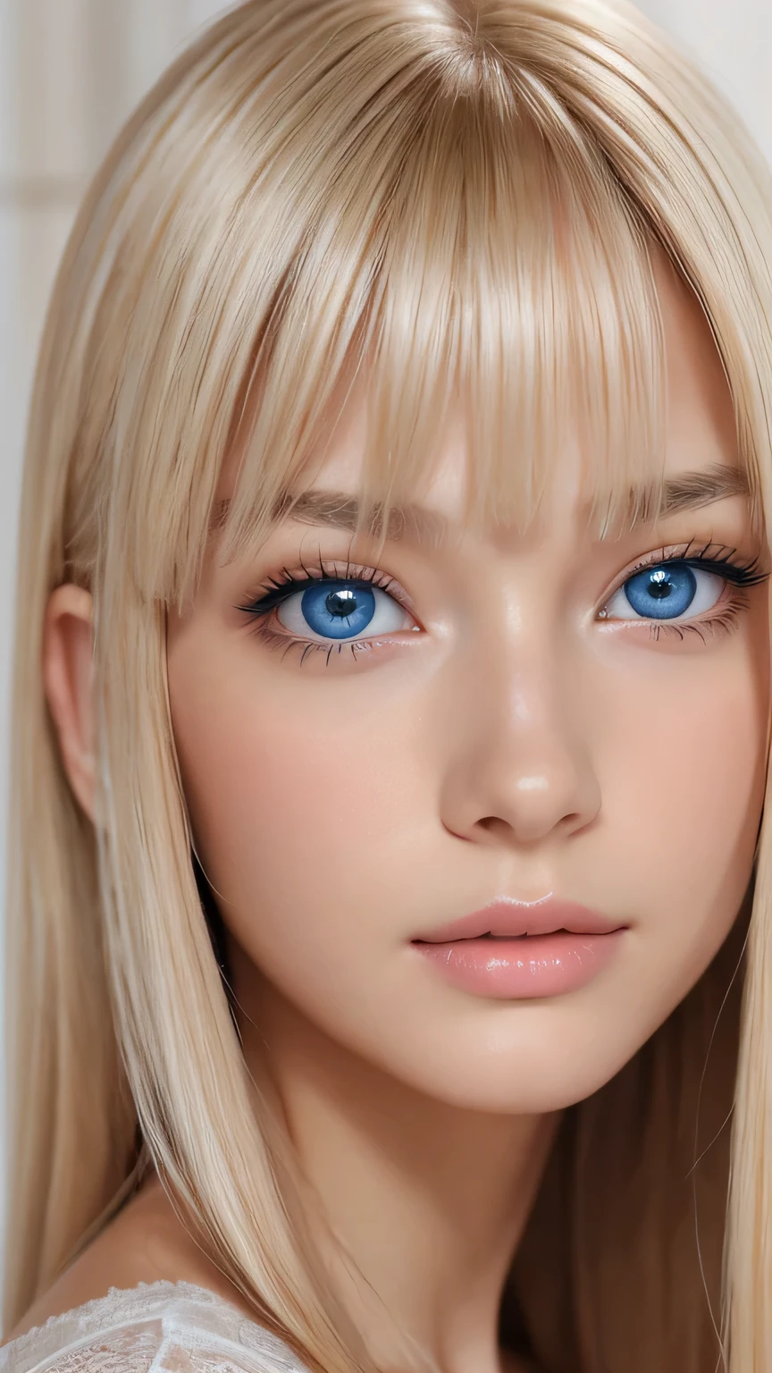 Highest quality、masterpiece、(Realistic:1.4)、One very beautiful blonde girl、Dazzlingly long, super long straight silky platinum blonde、Bangs between the eyes、bangs on the face、Big, very bright light blue eyes that shine so beautifully、Very big eyes、front、Detailed face、Beautiful Eyes、Very white and bright, beautiful skin、Small Face Beauty、14 year old beautiful girl、Cheek gloss highlighter、Round face