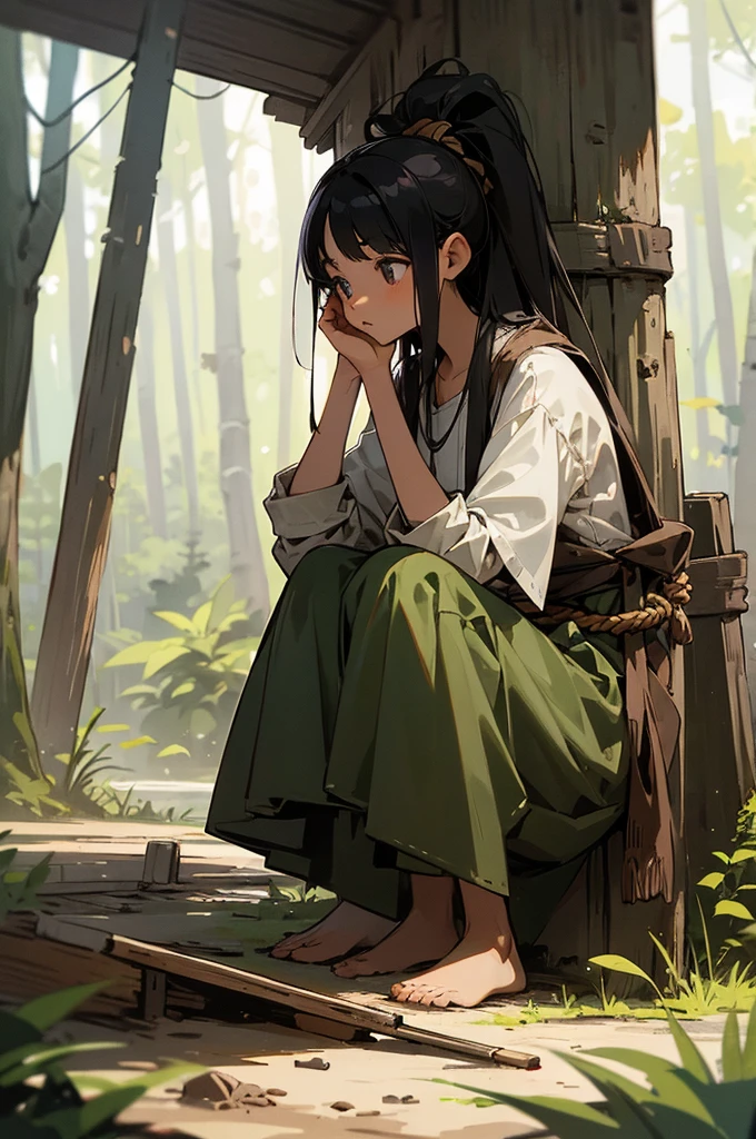 Best image quality, primitive times, Primary forest, ""Primitive clothing"", woman, Black Hair, Tying up hair, squat, paint