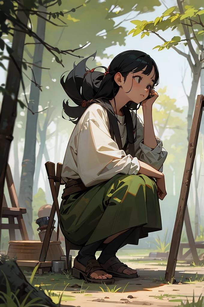 Best image quality, primitive times, Primary forest, ""Primitive clothing"", woman, Black Hair, Tying up hair, squat, paint