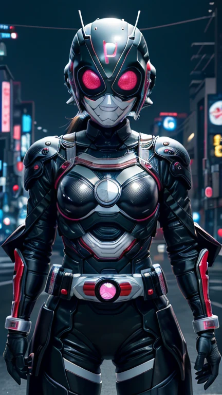 (8k),(masterpiece),(Japanese),(8--old l),((innocent look)),((Childish)),From the front,smile,cute,Innocent,Kind eyes,Flat chest, black helmet, black domino mask, Black Widow,Bald,No Hair, Henshin Pose,night,dark, Neon light cyberpunk city,Kamen rider,camisa