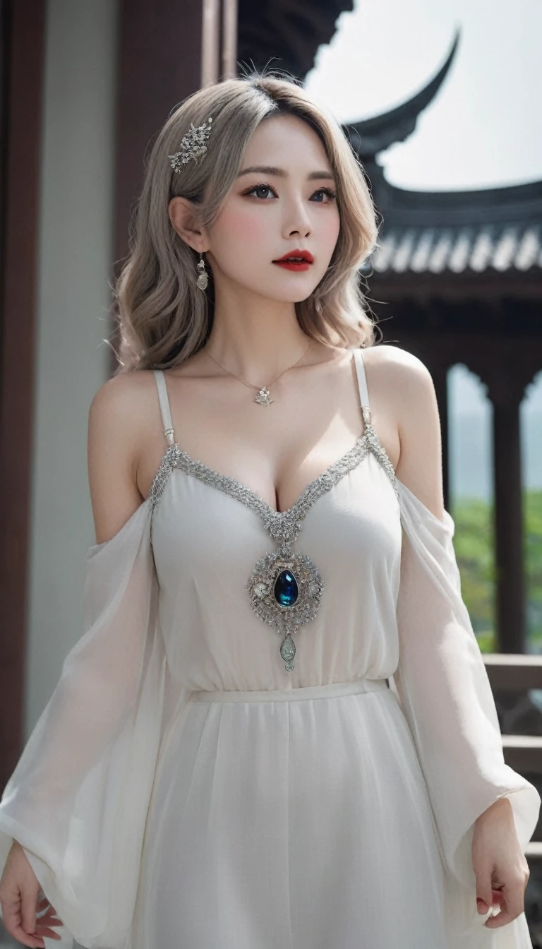 (((surreal woman)))、((Very beautiful 30 year old white woman))、(((Big big boobs)))、(((Big big cleavage)))、のwitch girl、blonde mature、Plump figure、smile、Middle-aged beauty 、Very delicate and delicate skin texture、witch girl、{(Ancient ornate and luxurious temple)、(Many torches are burning)}、Red lips、Beautiful scarlet eyes、(((Gorgeous and glamorous silver outfit and luxurious accessories)))、I have a shiny platinum wand、
