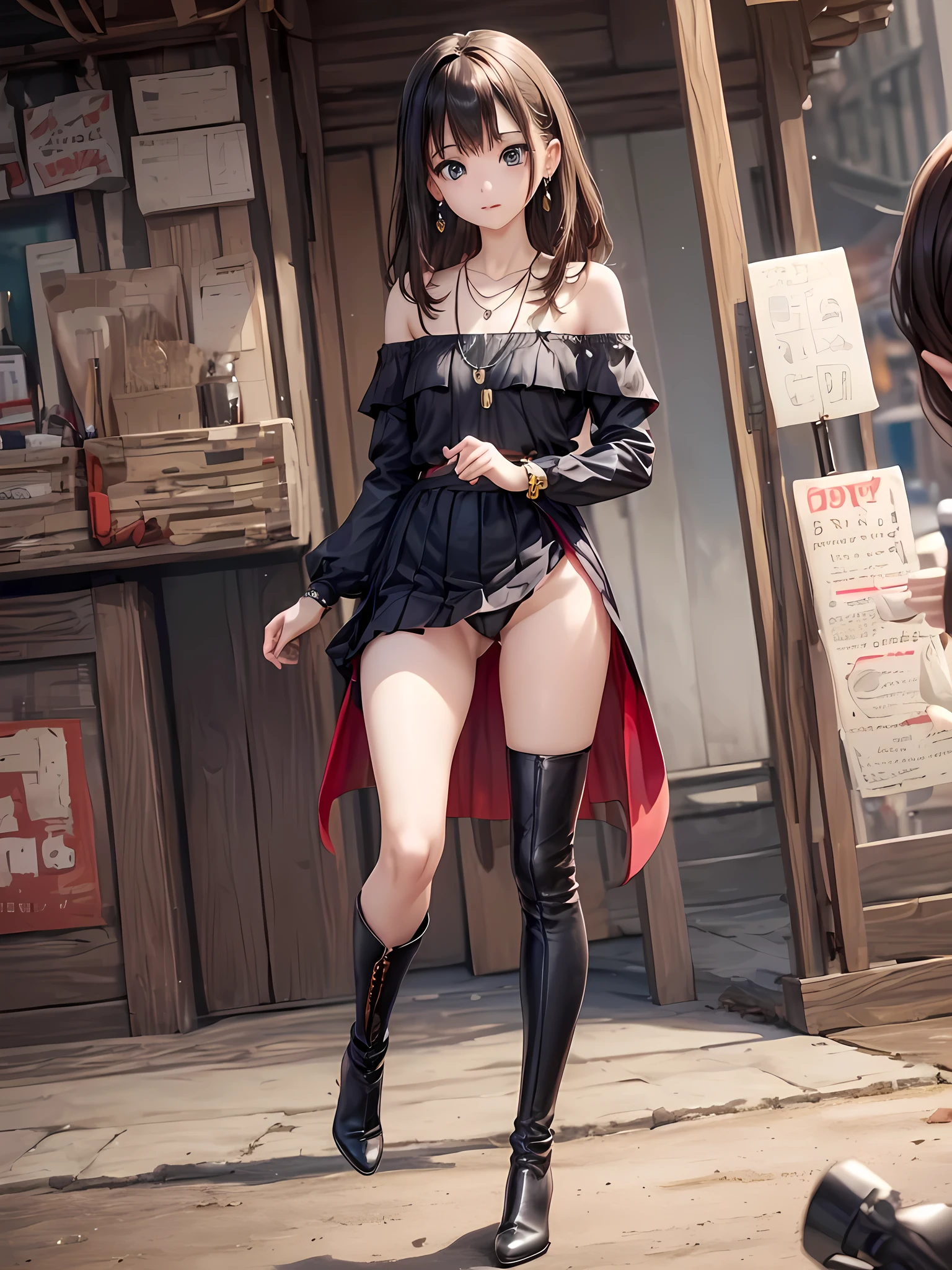 4K、((Focus on the face)), (Full Body Shot, Full-body photo including face), ((Cute symmetrical face))、Beautiful woman、Age 25、Slender body、(Small Ass、Thin thighs）、Off the shoulder、Knee-length box pleated skirt、(Long boots high heels、anklet）、I could see the whole body、Head to toe photos、Small earrings、necklace、Face the viewer in front of you、Horizontal Angle、The subject is far away、Shallow depth of field、Wide-angle focal length、Upward glance、Moment of jump、Vivid Photos