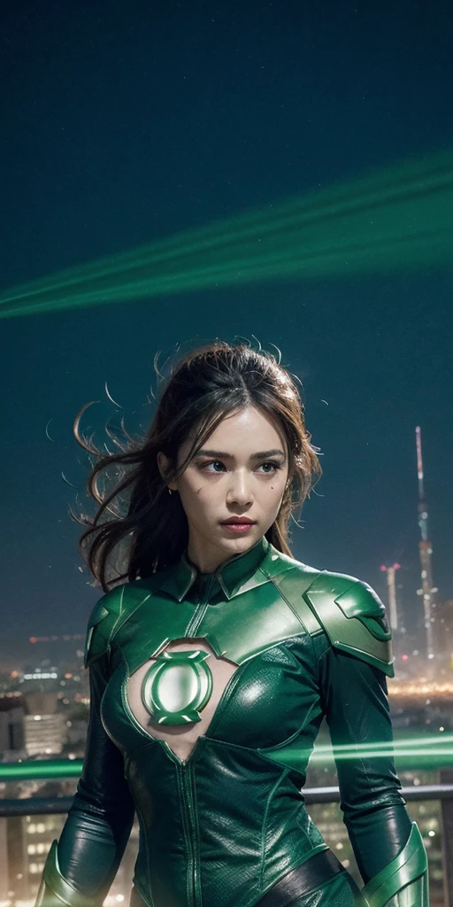 Scene from the movie, Woman dressed as Green Lantern from DC, extremely detailed, futuristic cityscape, nighttime, glowing neon lights, smoke, sparks, metal shavings, flying debris, blue energy effects, volumetric light