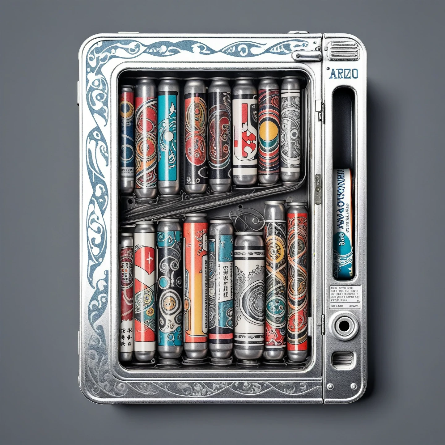 flat tins in compact vending machine, tattoo design, Japanese retro, doctor, lineart PStyl3, negative space, abstract, intricate, iridescent, 