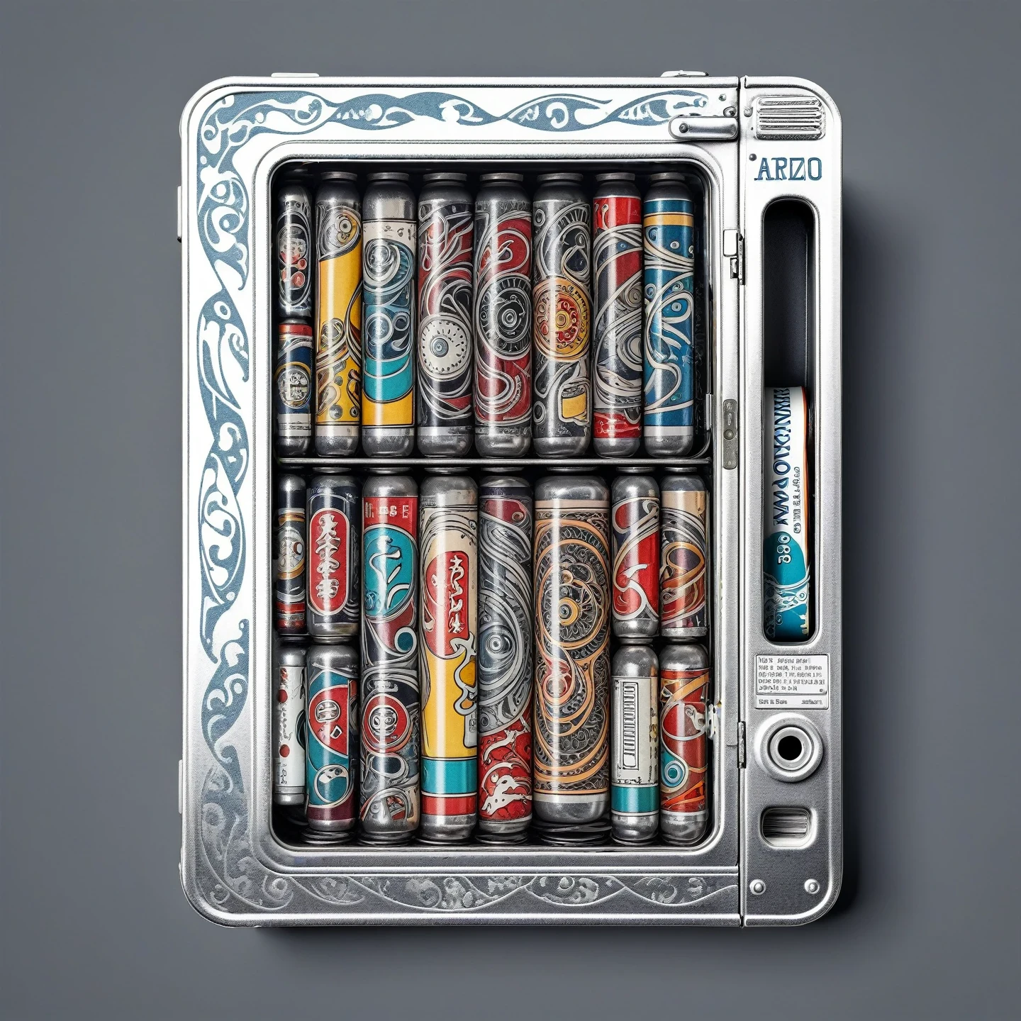 flat tins in compact vending machine, tattoo design, Japanese retro, doctor, lineart PStyl3, negative space, abstract, intricate, iridescent,
