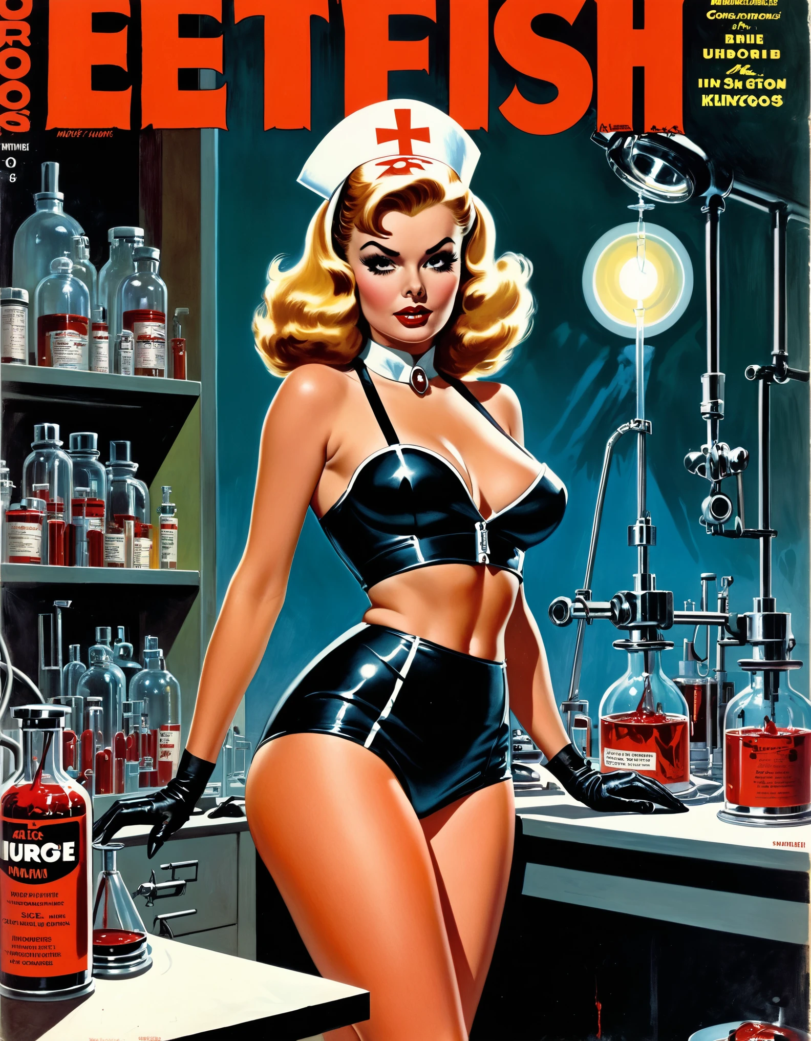 ((evil nurse in laboratory, nurse wearing black fetish nurse outfit, girl in underwear, blood of blood, human organs)) Mort Kunstler, Norman Saunders, Basil Gorgos, Frank Frazetta, Wally Wood, Bernie Wrightson, Mexican Fumetti style, 50s 60s aesthetic, Men's action magazine aesthetic, very vintage retro, lurid and vivid colors, soft lighting, medium contrast, HD, 8x, intricately detailed, action magazine, EC horror comics, 