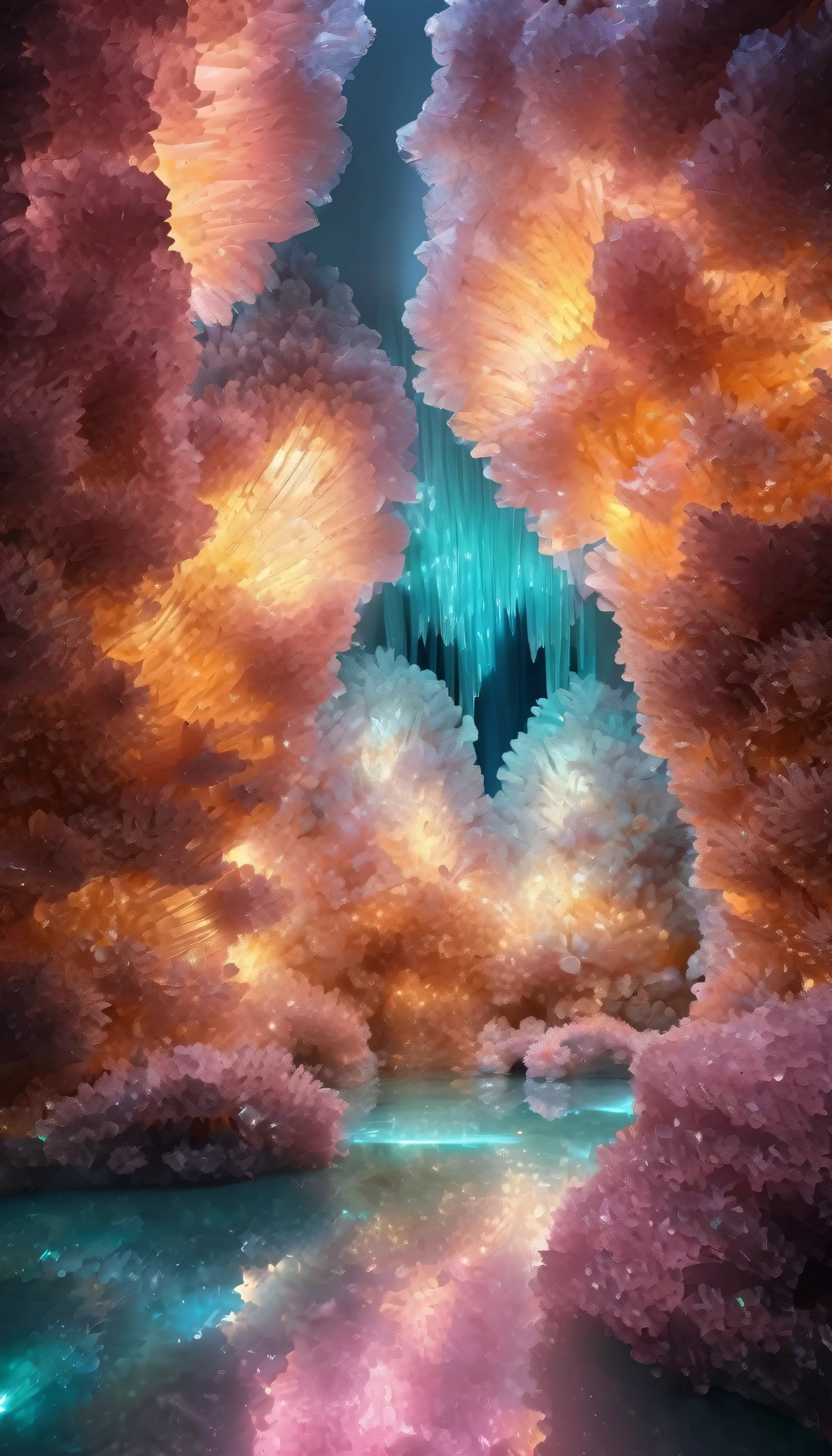 Fantastic cave walls made of mineral crystals,Covered in precious crystals, Crystal clusters, Fractal Art,underground, expedition, Luminous Crystal, Chrysanthemum crystal,Related Mineral Crystals , Mysterious atmosphere, Shining Crystal, Natural Crystal, Sparkling Reflection, underground lake, Secret Treasure, Mineral Structure