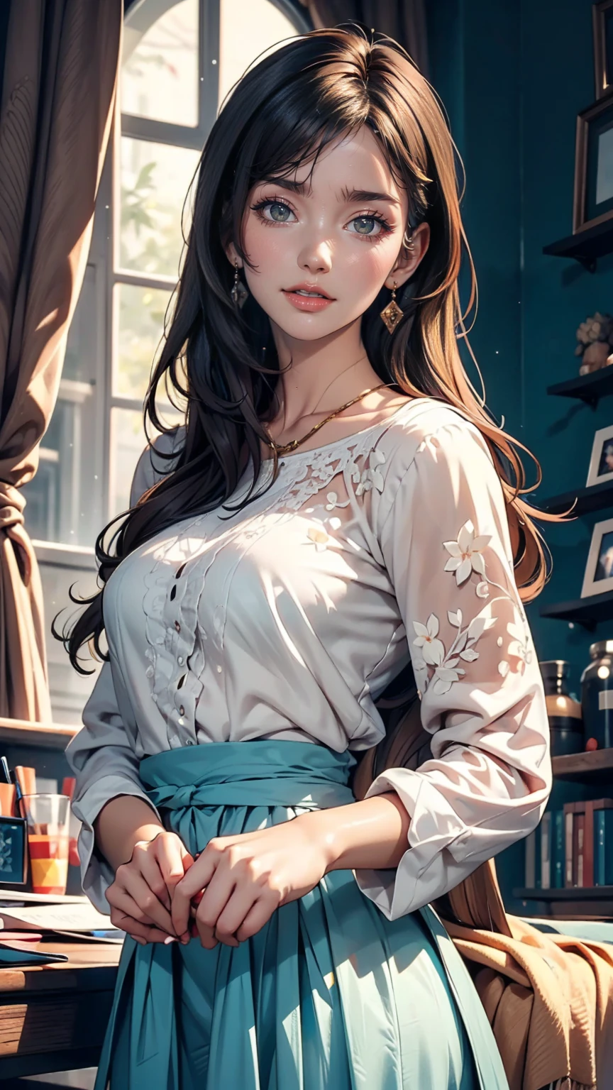 Bright colors, Beautiful Style, High quality illustrations, Position of hand holding woman's chin, Elegant painting, Detailed illustrations of clothing and facial features.