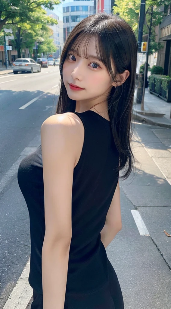 Tabletop, Highest quality, Very detailed, In detail, High resolution, In 8K, Perfect dynamic composition, Beautiful attention to detail, Natural Lip, delicate、Black tank top、Ezvian Everywhere 、plump 、beauty 、Beautiful black hair、Medium Straight Hair、delicateな目、delicateな目元、Highest quality、roadside、blue sky、Looking back
