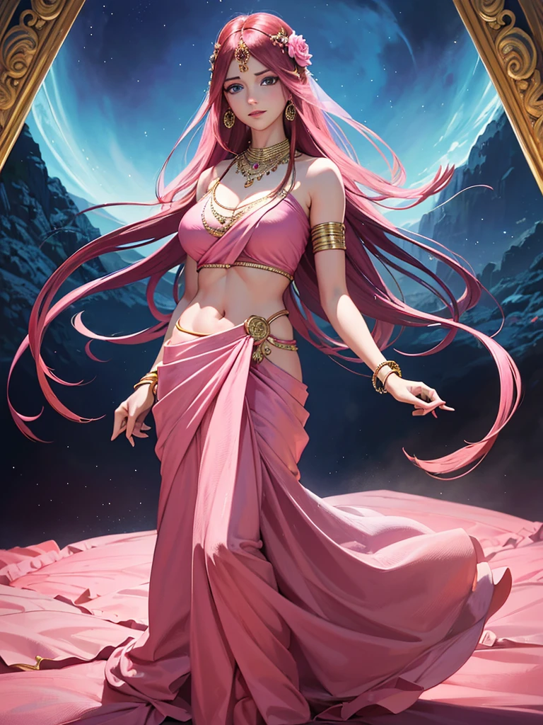 (absurderes, A high resolution, Ultra detailed, hdr), Masterpiece, Best quality, Portrait of an Indian uzumaki_kushina, extreme realistic very beautiful, animated style, closeup shot, anime in a(((pink))) indian dress (((saree))), long black wavy hair untied, head jewellery, necklace, earings, armlets, bangles and bracelets, rings, pleasant expression, bright big blue eyes, holding a lotus flower, natural beauty, vibrant colors, dreamy, northern light, pink bubble, romantic, soft lighting, vintage aesthetic,big breasts, standing 