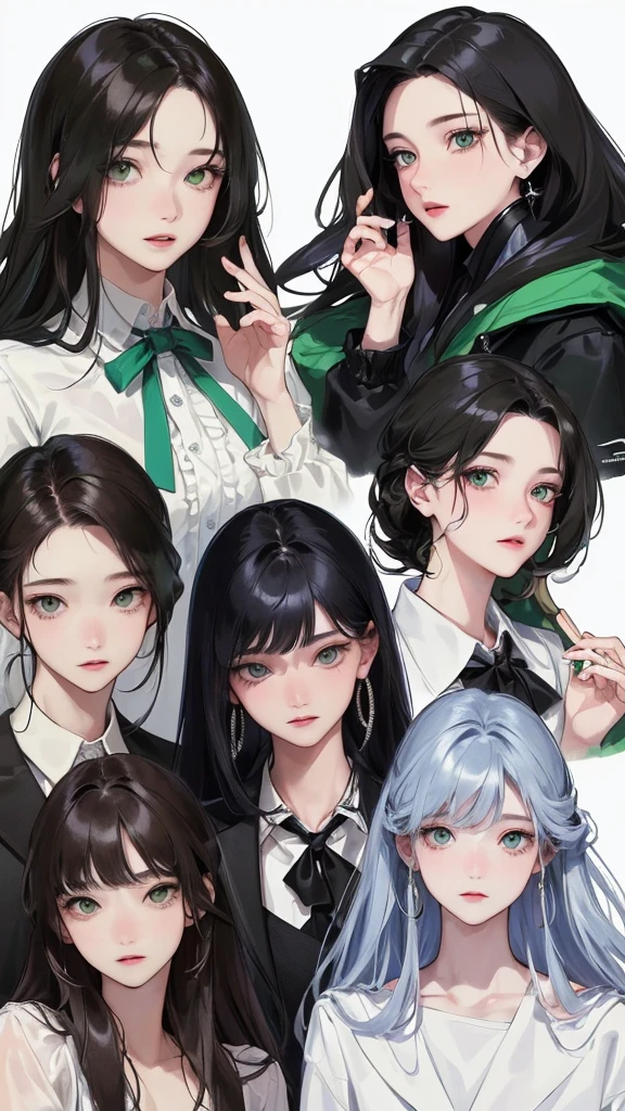 (Top resolution、Distinct_image)top-quality、femele、masterpiece、highly detailed、Semi-realistic、black hair , green eyes、18year old、young、smart Casual clothing、Exquisite facial features、Facial features、unique hairstyle, variations, potrait, white background, Cold expression