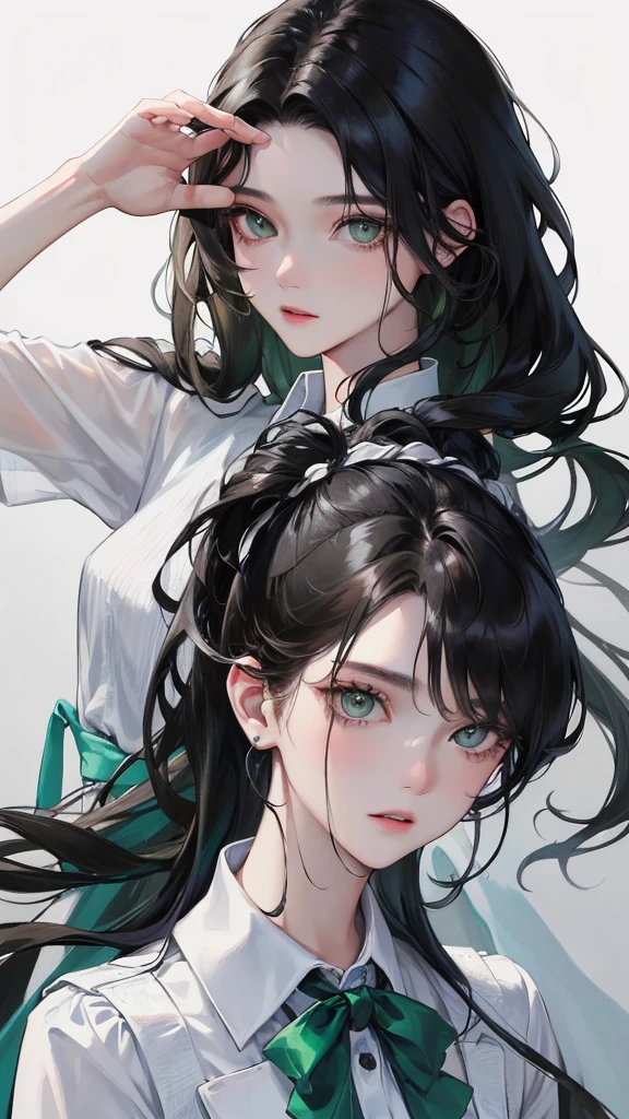 (Top resolution、Distinct_image)top-quality、femele、masterpiece、highly detailed、Semi-realistic、black hair , green eyes、18year old、young、smart Casual clothing、Exquisite facial features、Facial features、unique hairstyle, variations, potrait, white background, Cold expression