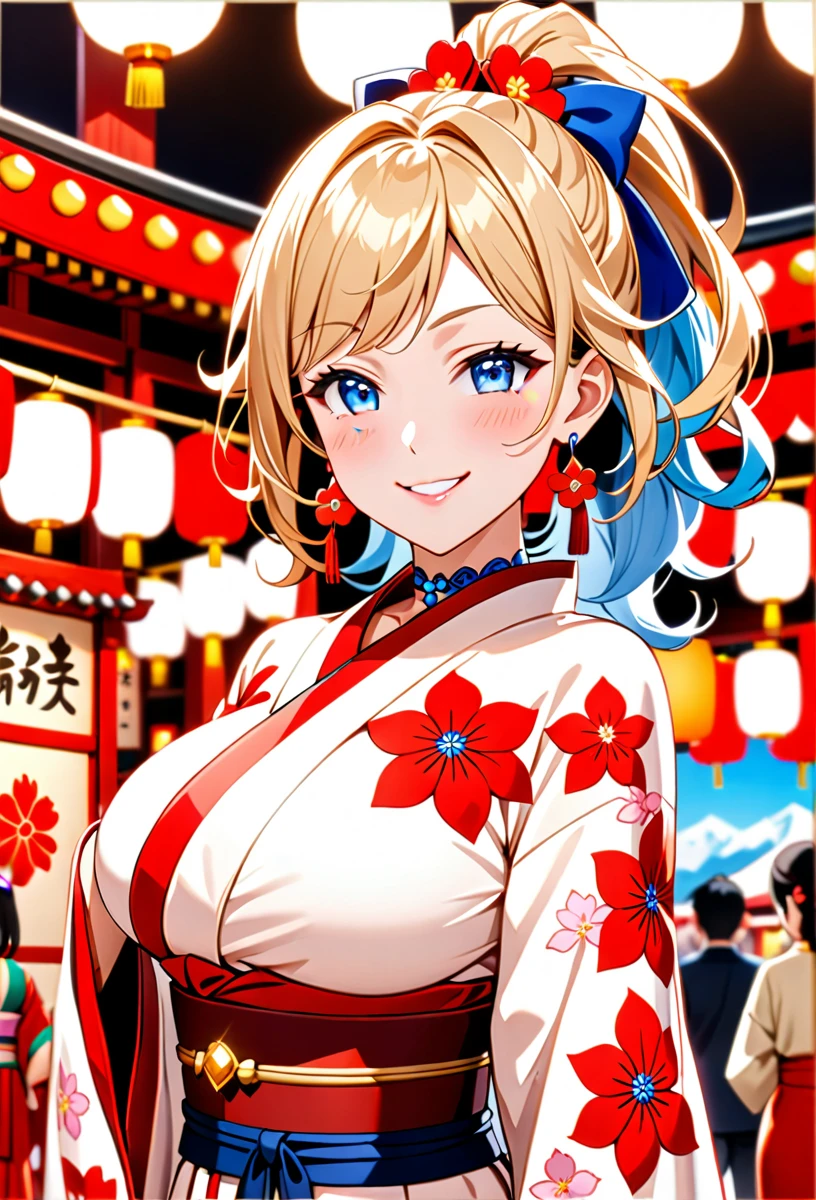 ((one girl)), hyper detailed, absurdres, 8K,Cute face, Beautiful Face, (Laugh shyly), ((teasing smile:1.8)), ((wink:1.8)), (Laugh with your mouth wide open),(Tilt your head:1.3),  View your viewers, ((Bright red cheeks:1.6)),Glossy Red Lips, ((Big Breasts:1.5)) night, Shrine festival stalls, (Brighten your face), ((Anime style background)),masterpiece, Highest quality, so beautiful,Latest, complex details, (Pink long nails), (nail art), (ring),(bracelet), (Floral Choker),AI-generated, complex,High resolution, Highest quality, super high quality,3D Images、3D Images,one person,Blonde long hair,(High Ponytail), (Wavy Hair), Anime woman posing for a photo, ((Fine grain、blue eyes、Shining Eyes:1.4)), (Squint your eyes:1.1),a hyperRealistic , hyperRealistic , Realistic,Long blonde anime woman, Smooth anime CG art, Embroidered with a pink large floral pattern、A girl in a gorgeous kimono, ((White long-sleeved kimono)),(Pink large floral pattern) ,Long flower hair ornament,Floral Earrings,Mature Body, expensive,Abdominal muscles,Tight waist,((Zoom in on face:2.1), (front view),
