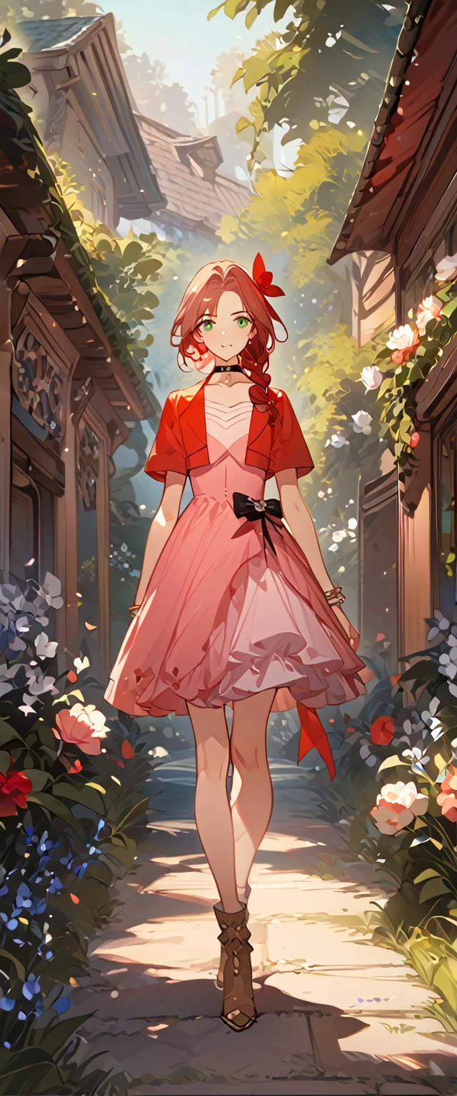 masterpiece, best quality, 8k, 4k, 1girl, aerith gainsborough, brown hair, braided, green eyes, red hair ribbon, braided long ponytail, red bolero jacket, cropped jacket, choker, long pink dress, pink hair bow, brown boots, bangles, walking in a garden, flowers, detailed background,, inspired by Asukaziye artist : ask, art style : ask