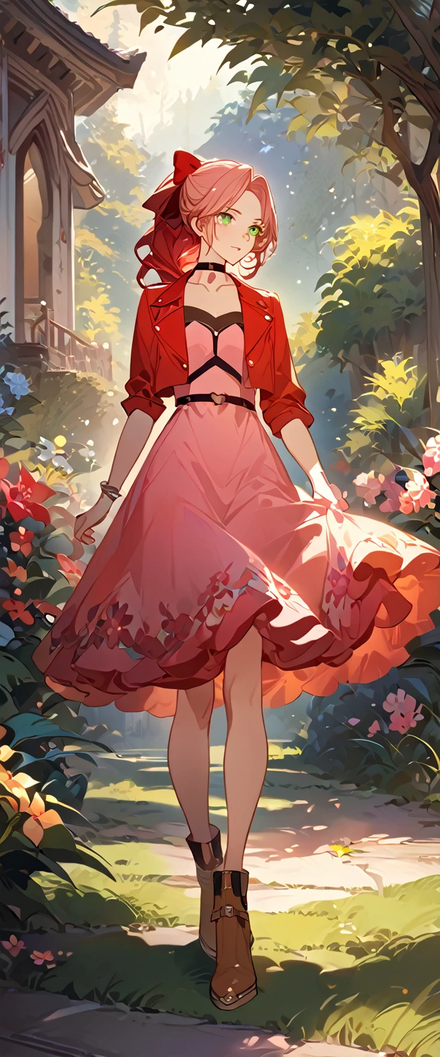 masterpiece, best quality, 8k, 4k, 1girl, aerith gainsborough, brown hair, braided, green eyes, red hair ribbon, braided long ponytail, red bolero jacket, cropped jacket, choker, long pink dress, pink hair bow, brown boots, bangles, walking in a garden, flowers, detailed background,, inspired by Asukaziye artist : ask, art style : ask