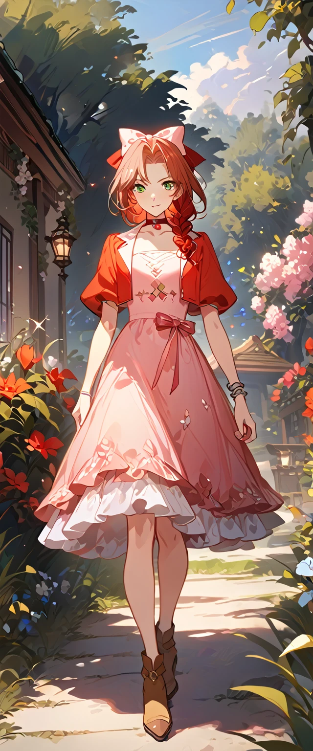 masterpiece, best quality, 8k, 4k, 1girl, aerith gainsborough, brown hair, braided, green eyes, red hair ribbon, braided long ponytail, red bolero jacket, cropped jacket, choker, long pink dress, pink hair bow, brown boots, bangles, walking in a garden, flowers, detailed background,, inspired by Asukaziye artist : ask, art style : ask
