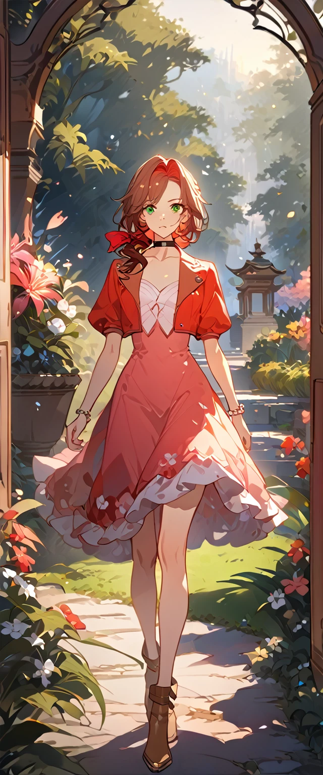 masterpiece, best quality, 8k, 4k, 1girl, aerith gainsborough, brown hair, braided, green eyes, red hair ribbon, braided long ponytail, red bolero jacket, cropped jacket, choker, long pink dress, pink hair bow, brown boots, bangles, walking in a garden, flowers, detailed background,, inspired by Asukaziye artist : ask, art style : ask