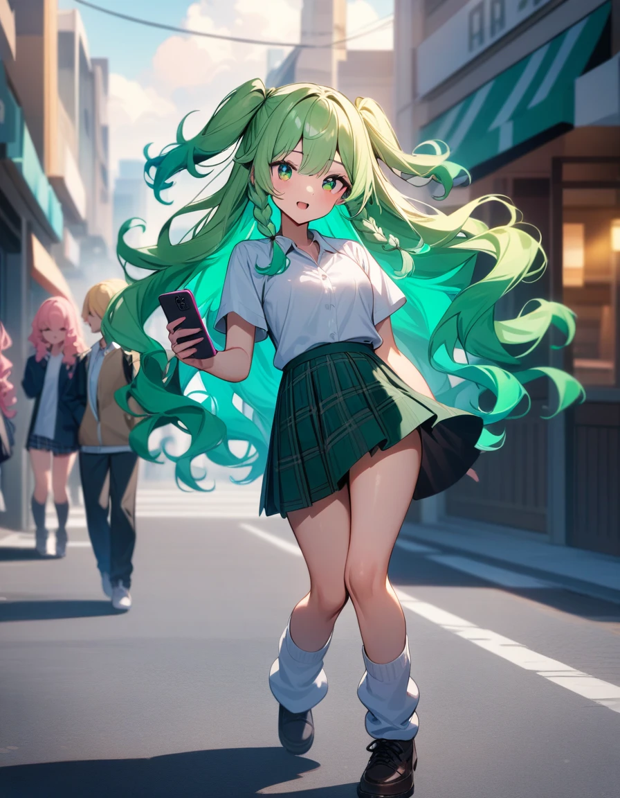 Volume hair, soft hair, emerald green hair and pink inner color, wavy hair, gradation hair, green hair, side braids, wavy hair, two side up, cloud hair, emerald green eyes, high school girl, Cheerful and active, blonde clip, loose socks, plaid skirt, holding smartphone, on the street, (best) quality, 4K, 8K, high resolution, masterpiece: 1.2), ultra-definition, bright colors, soft lighting