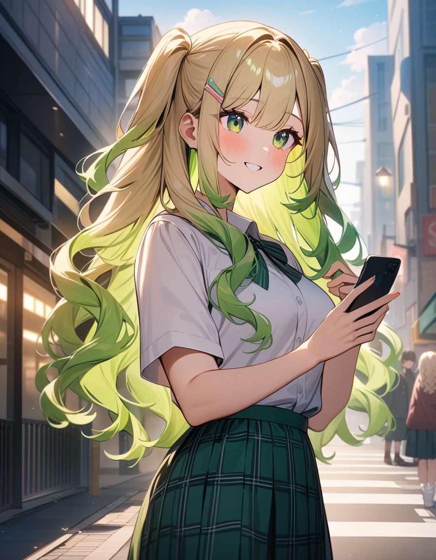 Volume hair, soft hair, emerald green hair and pink inner color, wavy hair, gradation hair, green hair, side braids, wavy hair, two side up, cloud hair, emerald green eyes, high school girl, Cheerful and active, blonde clip, loose socks, plaid skirt, holding smartphone, on the street, (best) quality, 4K, 8K, high resolution, masterpiece: 1.2), ultra-definition, bright colors, soft lighting
