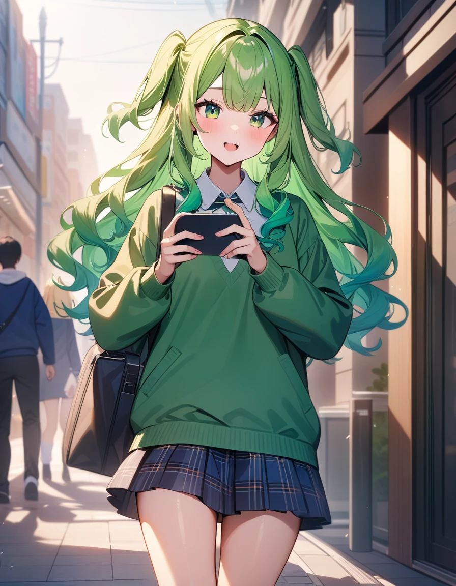 Volume hair, soft hair, emerald green hair and pink inner color, wavy hair, gradation hair, green hair, side braids, wavy hair, two side up, cloud hair, emerald green eyes, high school girl, Cheerful and active, blonde clip, loose socks, plaid skirt, holding smartphone, on the street, (best) quality, 4K, 8K, high resolution, masterpiece: 1.2), ultra-definition, bright colors, soft lighting
