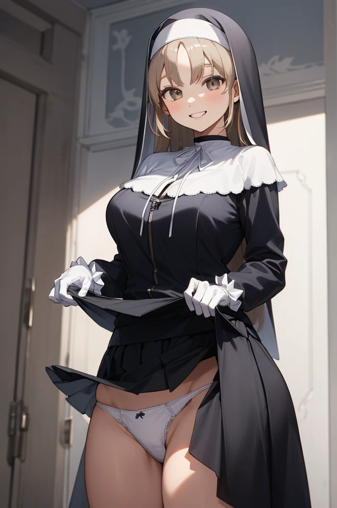 aasister, long hair, nun, habit, white capelet, neck ribbon, (black dress:1.2), long sleeves, white gloves, full-length zipper,big breasts,(((lift skirt,white panties))),grin