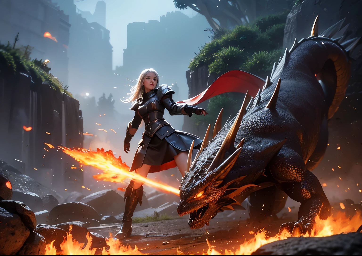 3D impressionist illustration, Super Resolution, Masterpiece, A Russian girl in her early 20s with ash grey hair, Game world, Dragon Slayer facing off against a fire dragon, aggressive, The moment the ice magic is released